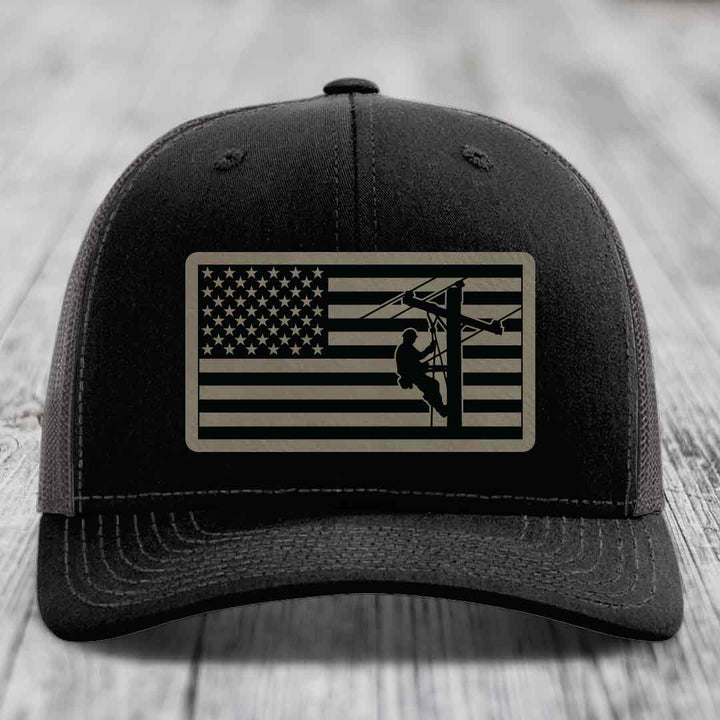 American Flag Lineman - Leather Patch Hat - Light Brown to Black Patch - Richardson 112 Snapback Trucker Hat