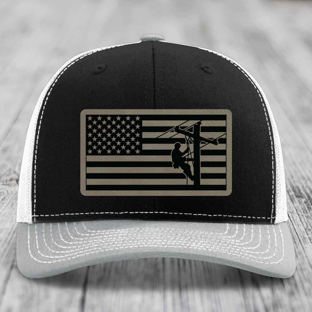 American Flag Lineman - Leather Patch Hat - Light Brown to Black Patch - Richardson 112 Snapback Trucker Hat