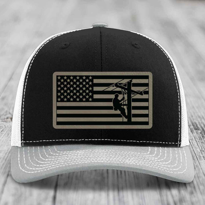 American Flag Lineman - Leather Patch Hat - Light Brown to Black Patch - Richardson 112 Snapback Trucker Hat