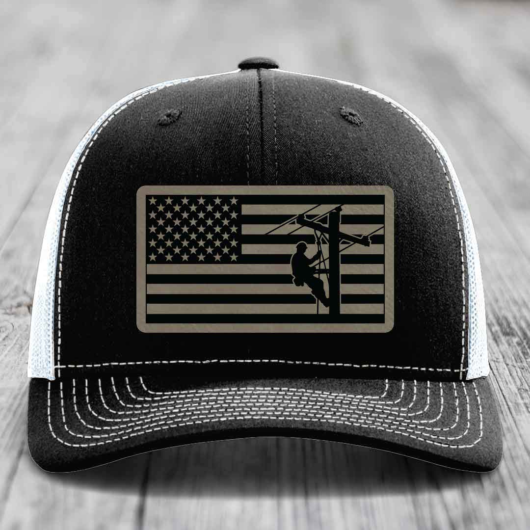 American Flag Lineman - Leather Patch Hat - Light Brown to Black Patch - Richardson 112 Snapback Trucker Hat