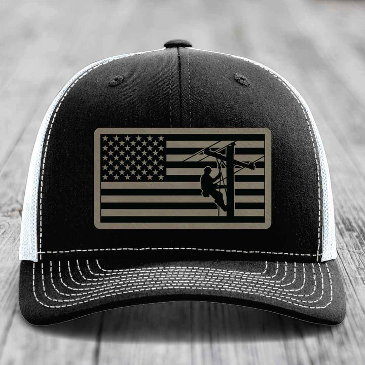 American Flag Lineman - Leather Patch Hat - Light Brown to Black Patch - Richardson 112 Snapback Trucker Hat
