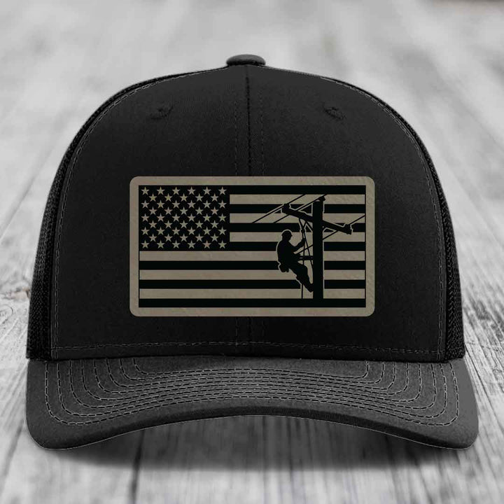 American Flag Lineman - Leather Patch Hat - Light Brown to Black Patch - Richardson 112 Snapback Trucker Hat