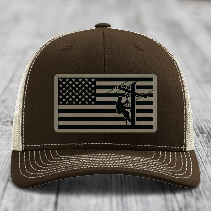 American Flag Lineman - Leather Patch Hat - Light Brown to Black Patch - Richardson 112 Snapback Trucker Hat