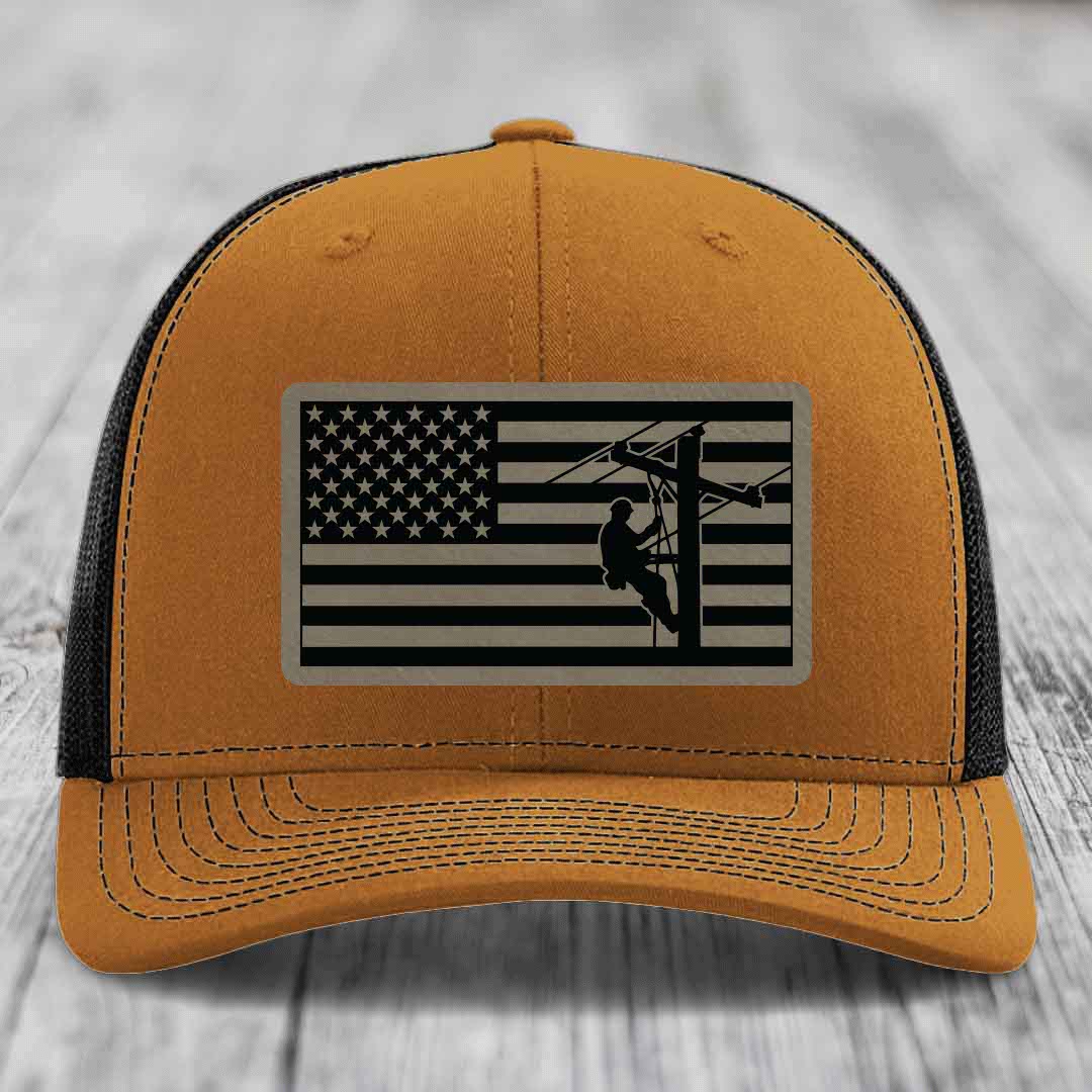 American Flag Lineman - Leather Patch Hat - Light Brown to Black Patch - Richardson 112 Snapback Trucker Hat