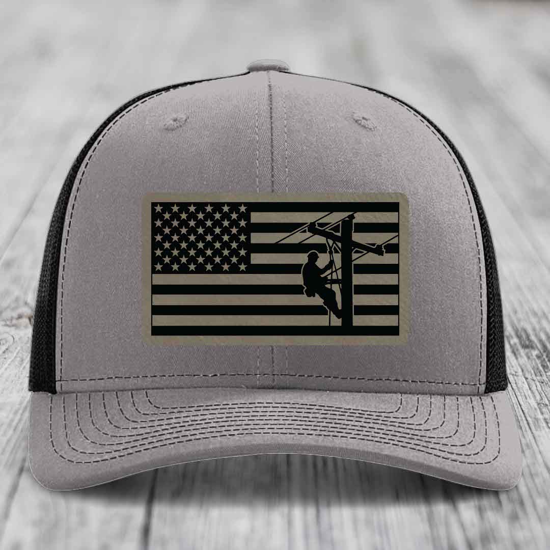 American Flag Lineman - Leather Patch Hat - Light Brown to Black Patch - Richardson 112 Snapback Trucker Hat