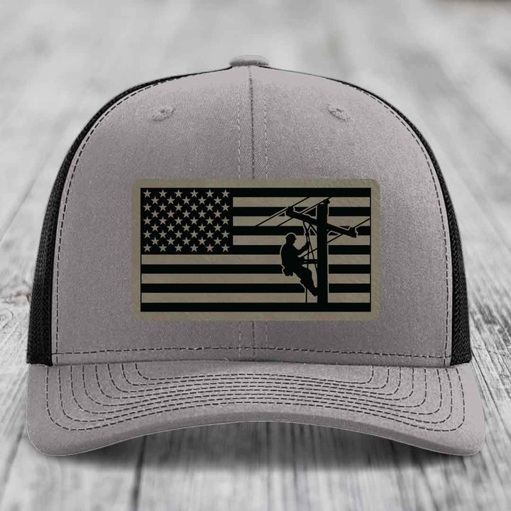 American Flag Lineman - Leather Patch Hat - Light Brown to Black Patch - Richardson 112 Snapback Trucker Hat