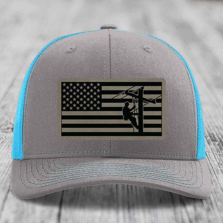 American Flag Lineman - Leather Patch Hat - Light Brown to Black Patch - Richardson 112 Snapback Trucker Hat