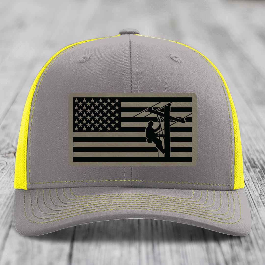 American Flag Lineman - Leather Patch Hat - Light Brown to Black Patch - Richardson 112 Snapback Trucker Hat