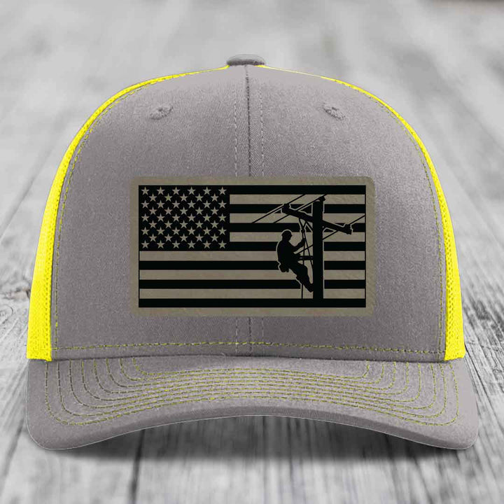 American Flag Lineman - Leather Patch Hat - Light Brown to Black Patch - Richardson 112 Snapback Trucker Hat