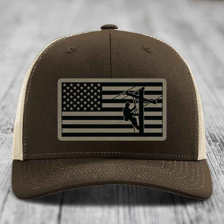 American Flag Lineman - Leather Patch Hat - Light Brown to Black Patch - Richardson 112 Snapback Trucker Hat