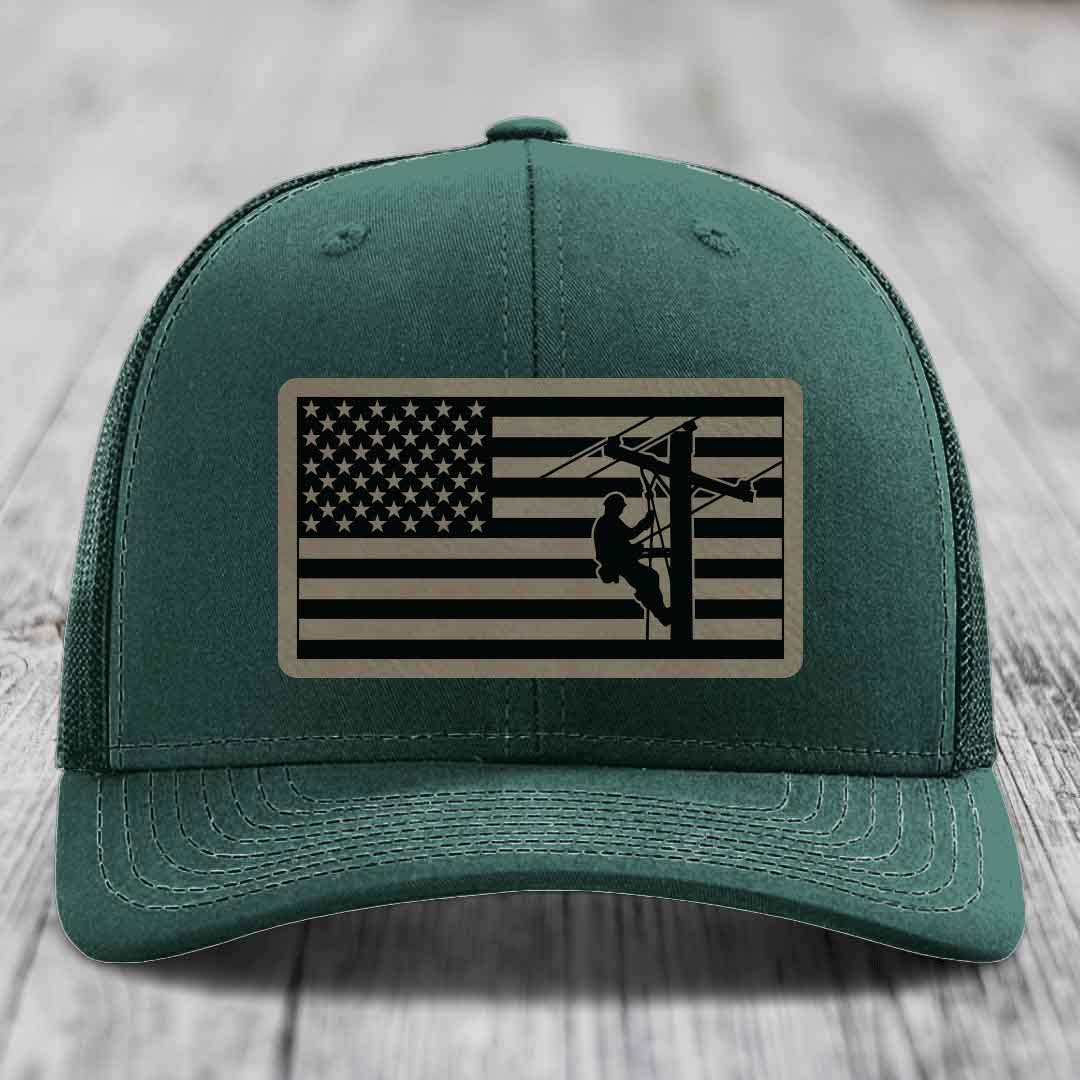 American Flag Lineman - Leather Patch Hat - Light Brown to Black Patch - Richardson 112 Snapback Trucker Hat