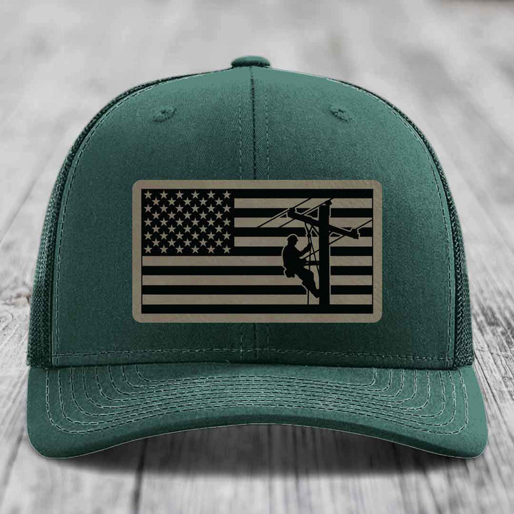 American Flag Lineman - Leather Patch Hat - Light Brown to Black Patch - Richardson 112 Snapback Trucker Hat