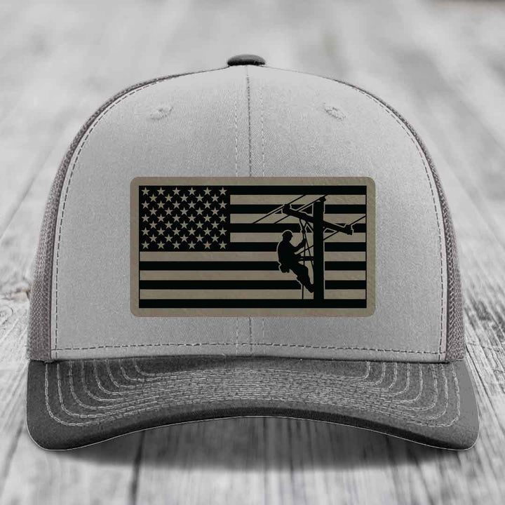 American Flag Lineman - Leather Patch Hat - Light Brown to Black Patch - Richardson 112 Snapback Trucker Hat