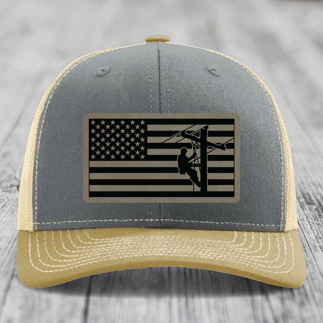 American Flag Lineman - Leather Patch Hat - Light Brown to Black Patch - Richardson 112 Snapback Trucker Hat