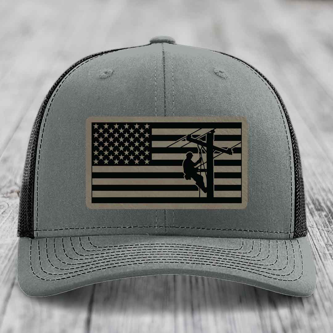 American Flag Lineman - Leather Patch Hat - Light Brown to Black Patch - Richardson 112 Snapback Trucker Hat
