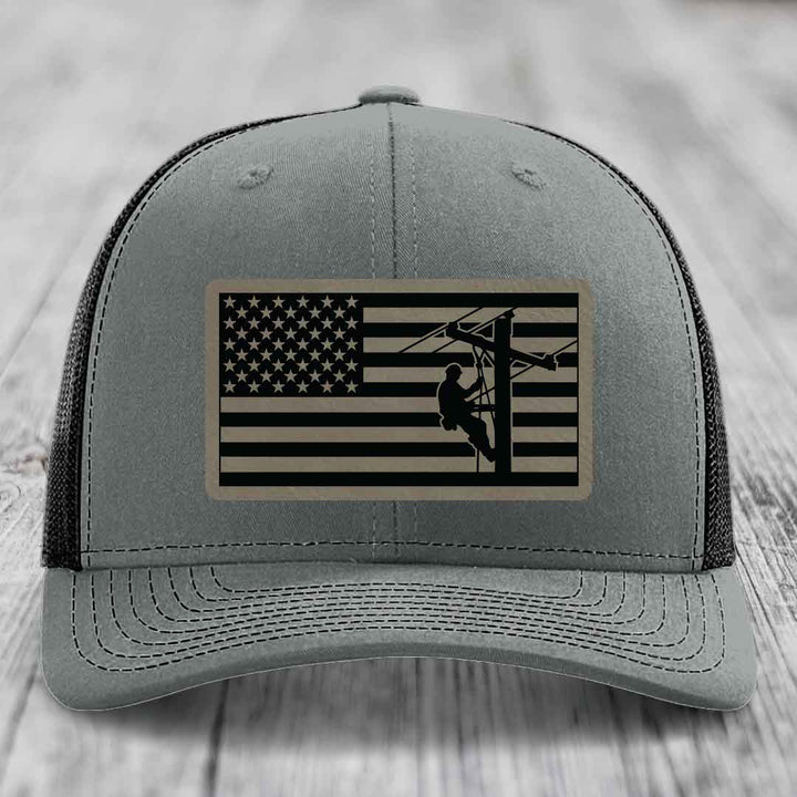 American Flag Lineman - Leather Patch Hat - Light Brown to Black Patch - Richardson 112 Snapback Trucker Hat