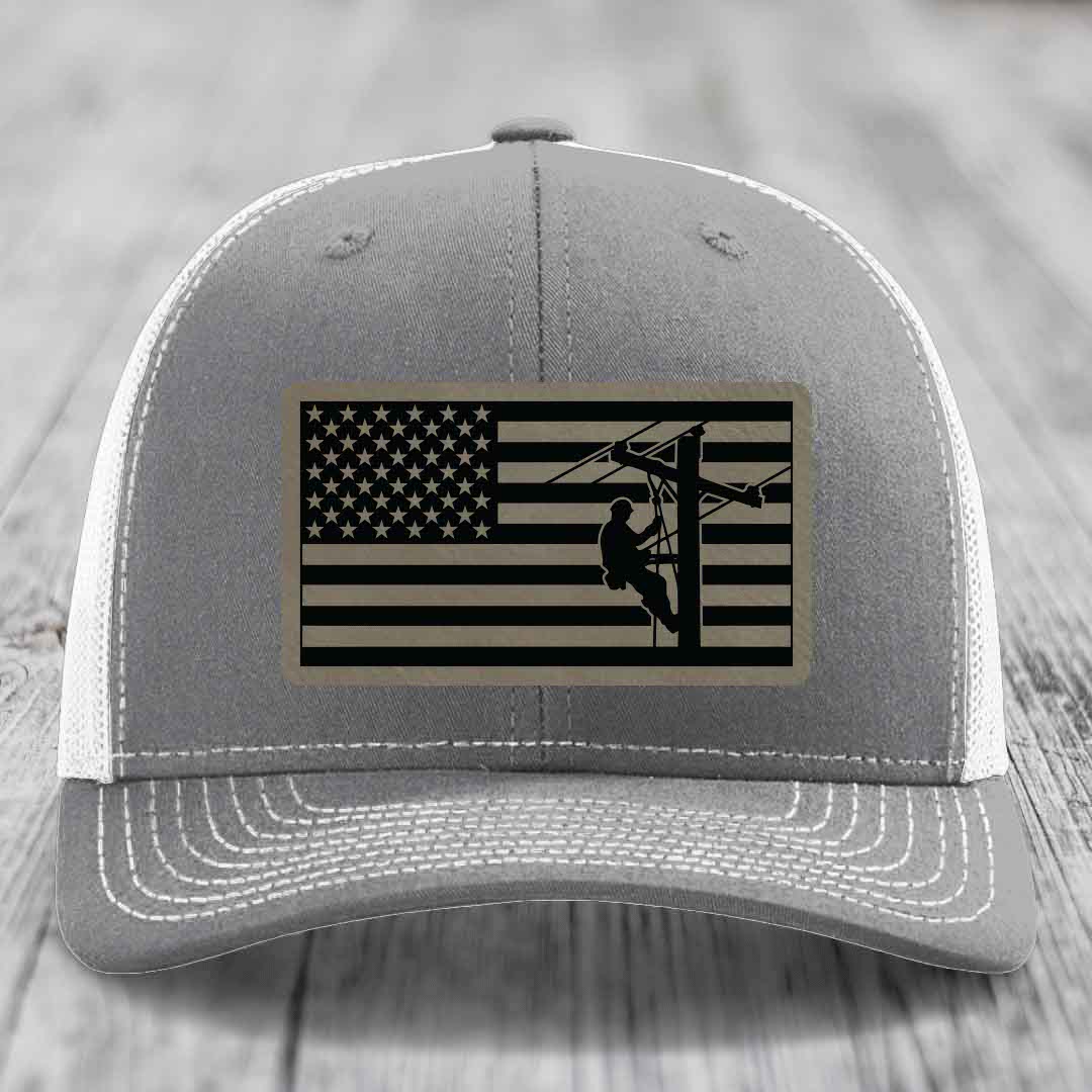 American Flag Lineman - Leather Patch Hat - Light Brown to Black Patch - Richardson 112 Snapback Trucker Hat