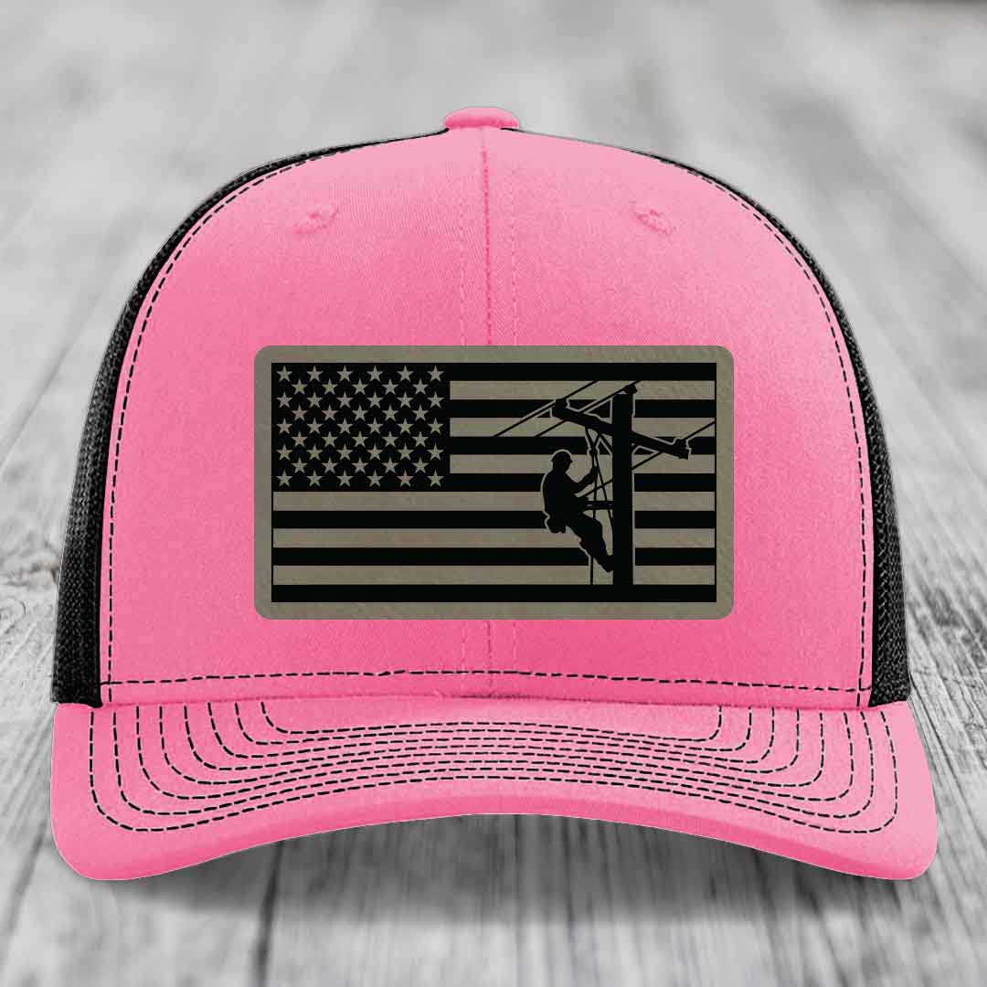 American Flag Lineman - Leather Patch Hat - Light Brown to Black Patch - Richardson 112 Snapback Trucker Hat
