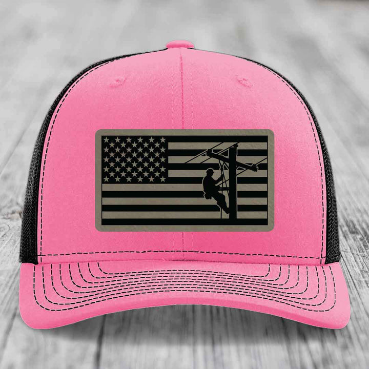 American Flag Lineman - Leather Patch Hat - Light Brown to Black Patch - Richardson 112 Snapback Trucker Hat