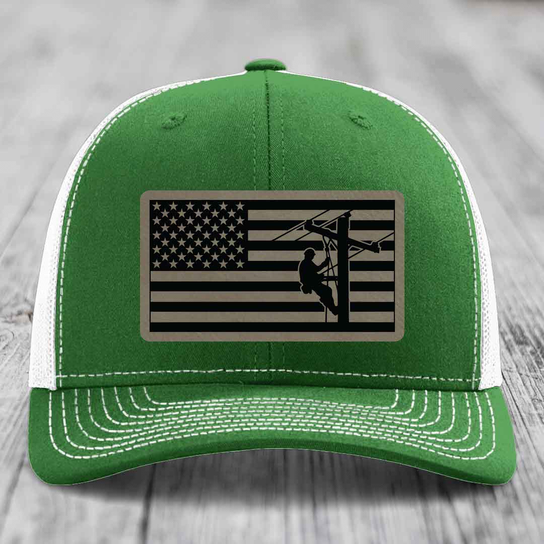 American Flag Lineman - Leather Patch Hat - Light Brown to Black Patch - Richardson 112 Snapback Trucker Hat
