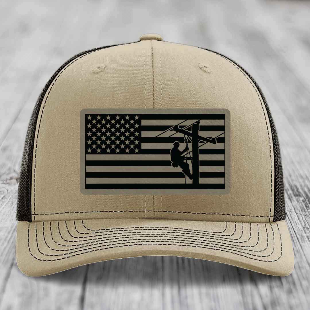 American Flag Lineman - Leather Patch Hat - Light Brown to Black Patch - Richardson 112 Snapback Trucker Hat
