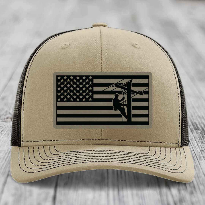 American Flag Lineman - Leather Patch Hat - Light Brown to Black Patch - Richardson 112 Snapback Trucker Hat