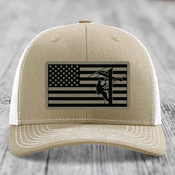 American Flag Lineman - Leather Patch Hat - Light Brown to Black Patch - Richardson 112 Snapback Trucker Hat