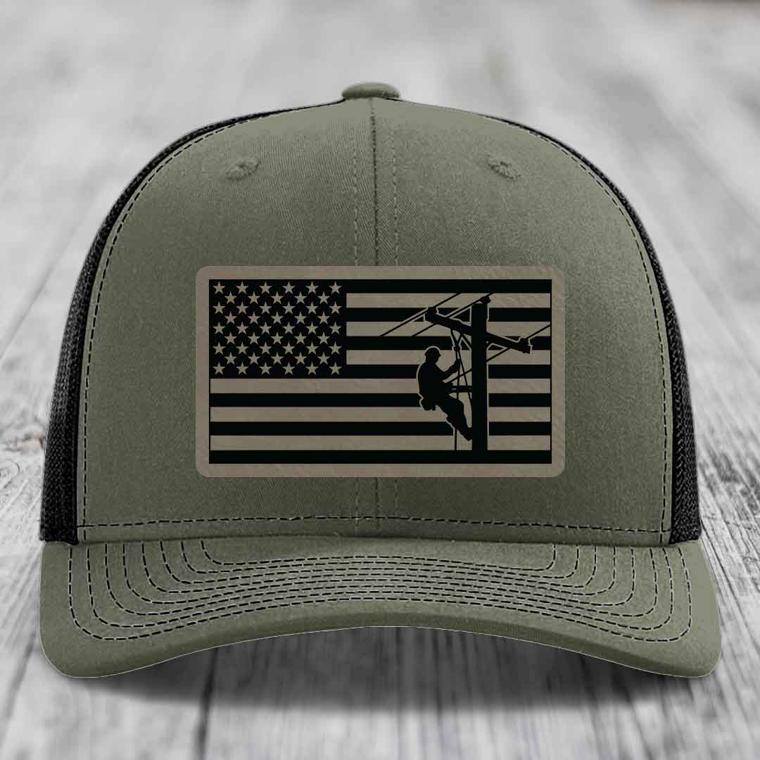 American Flag Lineman - Leather Patch Hat - Light Brown to Black Patch - Richardson 112 Snapback Trucker Hat