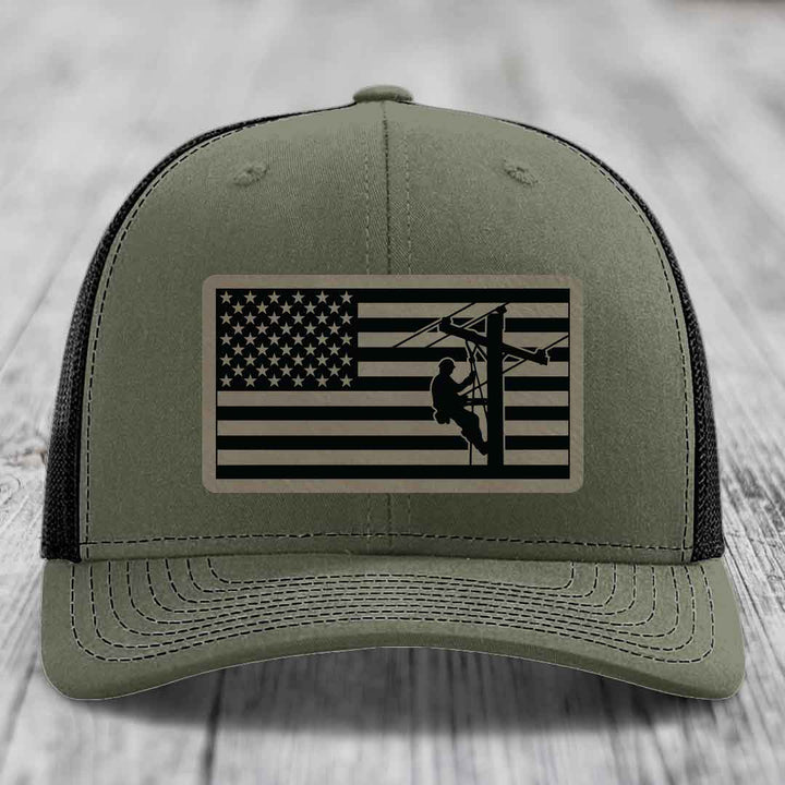 American Flag Lineman - Leather Patch Hat - Light Brown to Black Patch - Richardson 112 Snapback Trucker Hat
