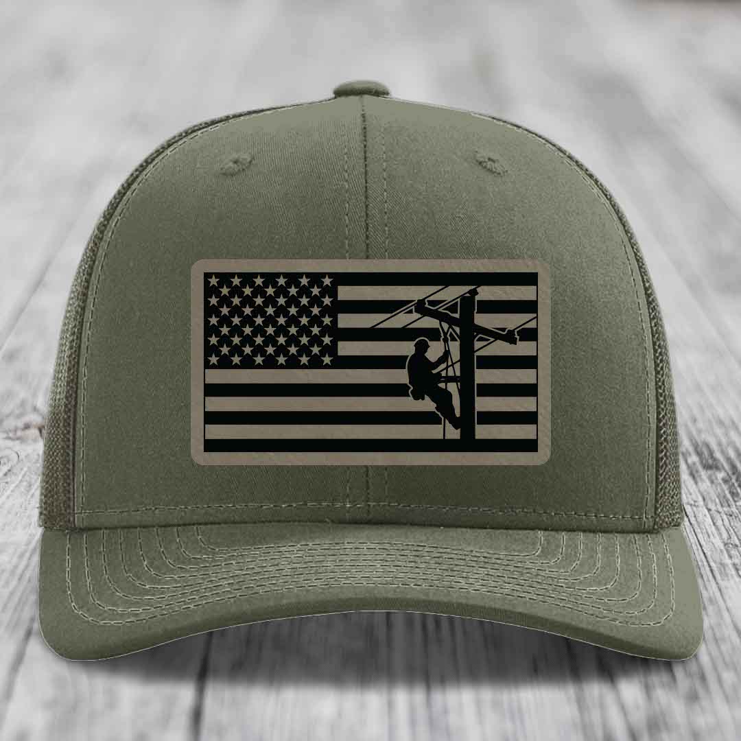 American Flag Lineman - Leather Patch Hat - Light Brown to Black Patch - Richardson 112 Snapback Trucker Hat