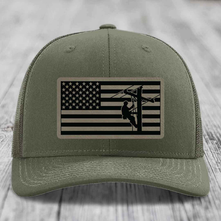 American Flag Lineman - Leather Patch Hat - Light Brown to Black Patch - Richardson 112 Snapback Trucker Hat