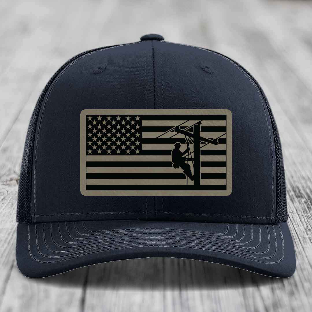 American Flag Lineman - Leather Patch Hat - Light Brown to Black Patch - Richardson 112 Snapback Trucker Hat