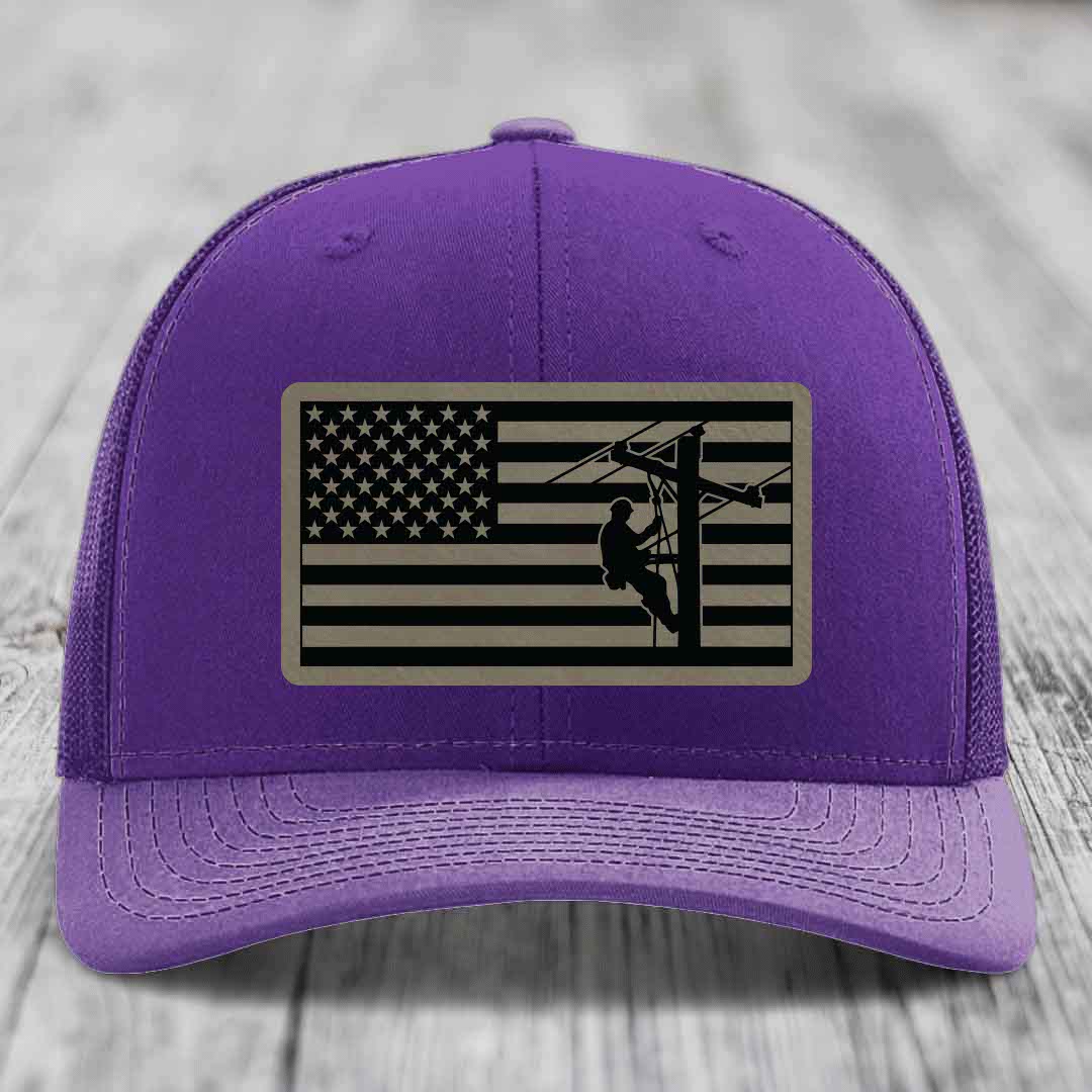 American Flag Lineman - Leather Patch Hat - Light Brown to Black Patch - Richardson 112 Snapback Trucker Hat