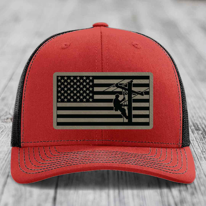 American Flag Lineman - Leather Patch Hat - Light Brown to Black Patch - Richardson 112 Snapback Trucker Hat