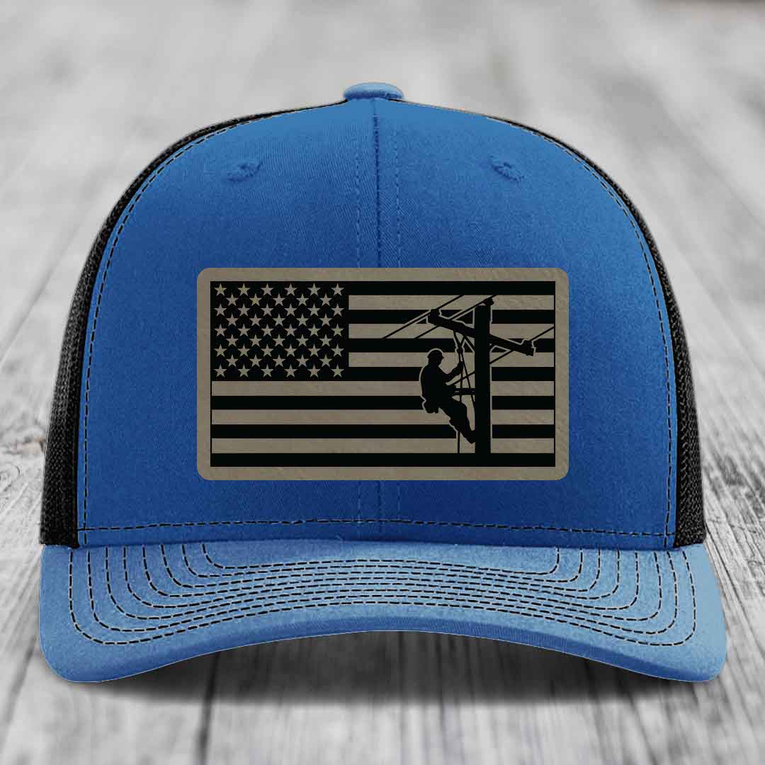 American Flag Lineman - Leather Patch Hat - Light Brown to Black Patch - Richardson 112 Snapback Trucker Hat