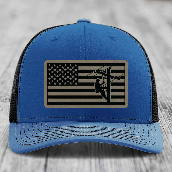 American Flag Lineman - Leather Patch Hat - Light Brown to Black Patch - Richardson 112 Snapback Trucker Hat