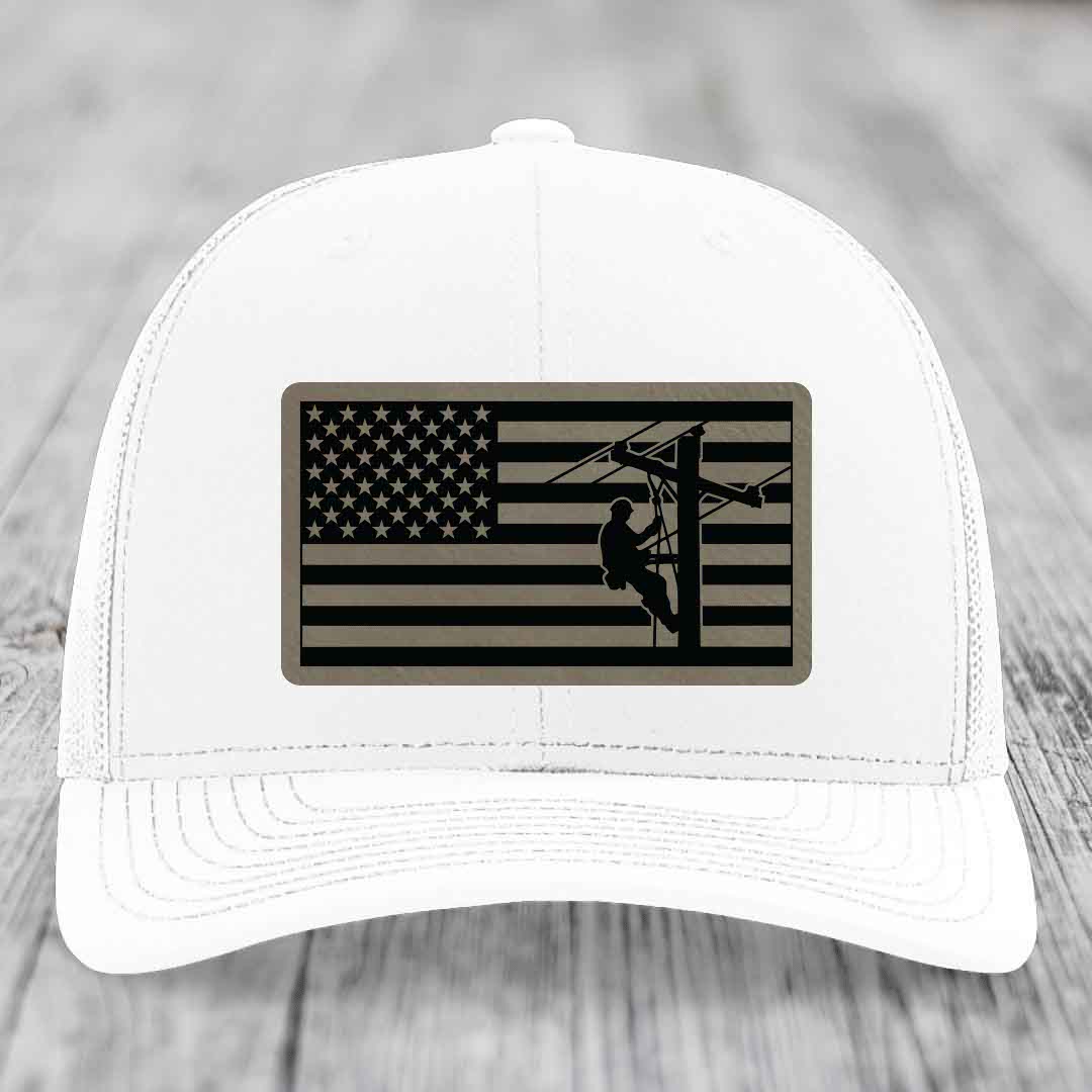 American Flag Lineman - Leather Patch Hat - Light Brown to Black Patch - Richardson 112 Snapback Trucker Hat