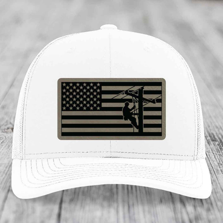 American Flag Lineman - Leather Patch Hat - Light Brown to Black Patch - Richardson 112 Snapback Trucker Hat