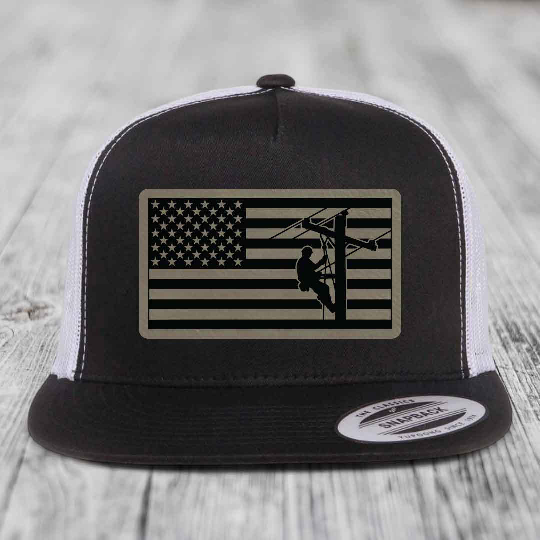 American Flag Lineman - Leather Patch Hat - Light Brown to Black Patch - Yupoong 6006 Snapback Flatbill Hat
