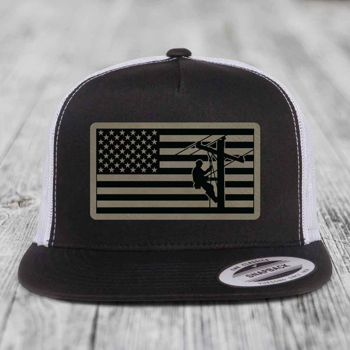 American Flag Lineman - Leather Patch Hat - Light Brown to Black Patch - Yupoong 6006 Snapback Flatbill Hat