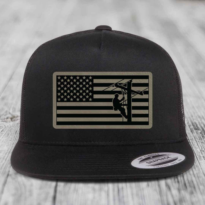 American Flag Lineman - Leather Patch Hat - Light Brown to Black Patch - Yupoong 6006 Snapback Flatbill Hat