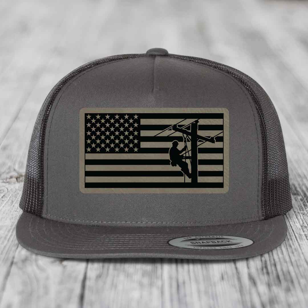 American Flag Lineman - Leather Patch Hat - Light Brown to Black Patch - Yupoong 6006 Snapback Flatbill Hat
