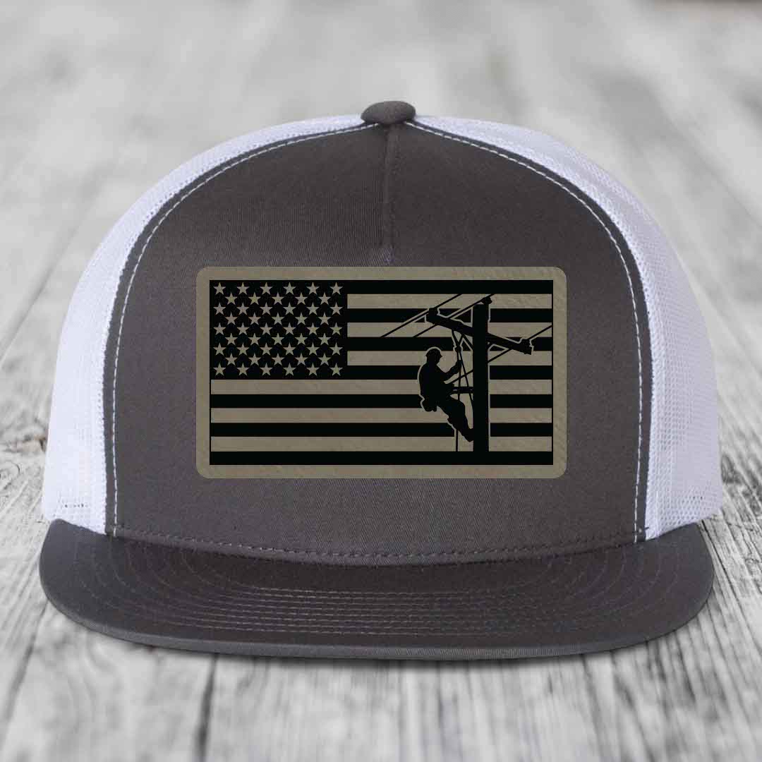 American Flag Lineman - Leather Patch Hat - Light Brown to Black Patch - Yupoong 6006 Snapback Flatbill Hat