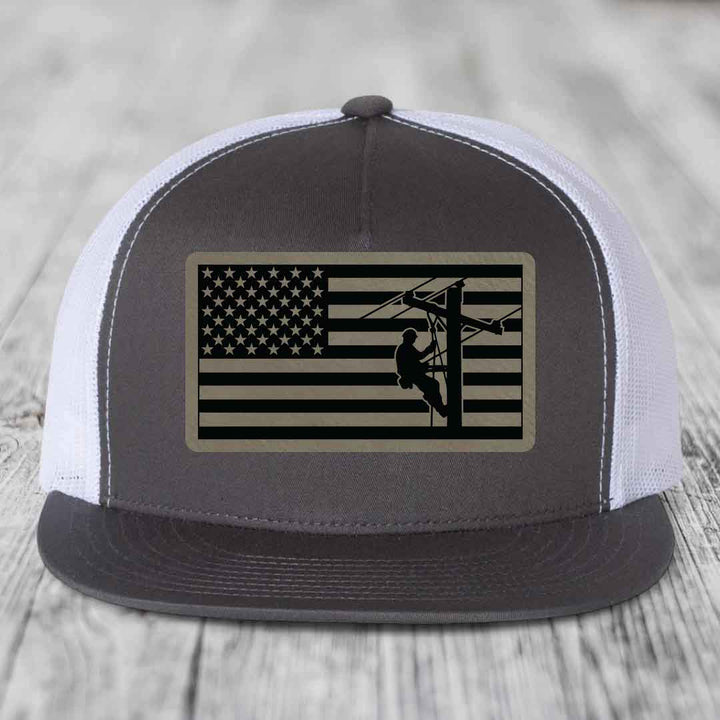 American Flag Lineman - Leather Patch Hat - Light Brown to Black Patch - Yupoong 6006 Snapback Flatbill Hat