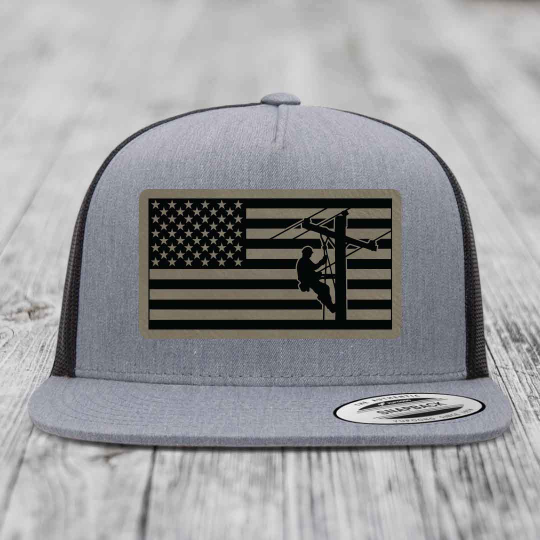 American Flag Lineman - Leather Patch Hat - Light Brown to Black Patch - Yupoong 6006 Snapback Flatbill Hat
