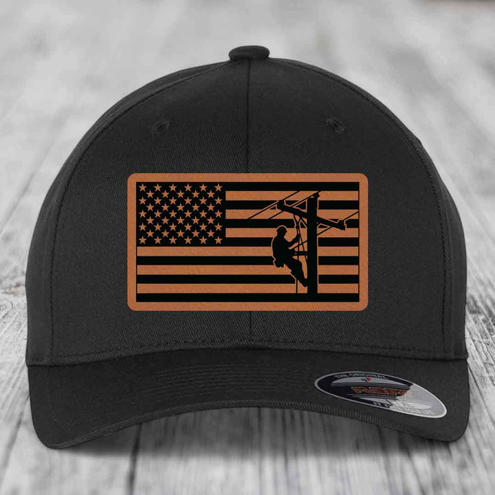 American Flag Lineman - Leather Patch Hat - Rawhide to Black Patch - Flexfit 6277 Fitted Hat