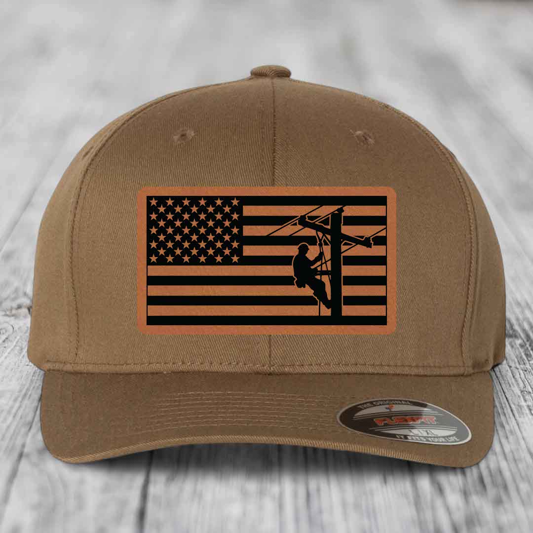American Flag Lineman - Leather Patch Hat - Rawhide to Black Patch - Flexfit 6277 Fitted Hat