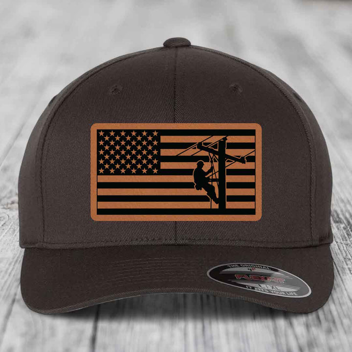 American Flag Lineman - Leather Patch Hat - Rawhide to Black Patch - Flexfit 6277 Fitted Hat