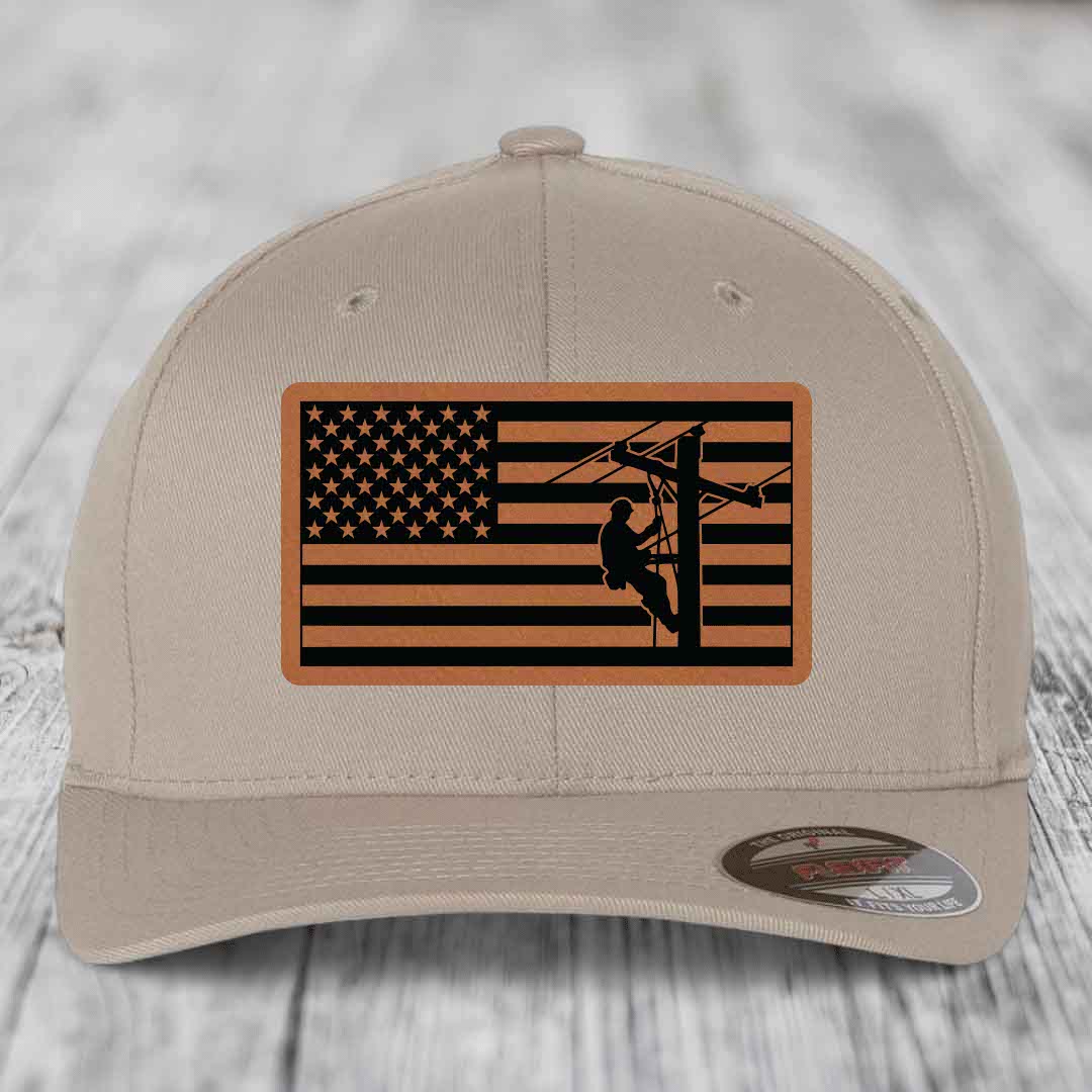 American Flag Lineman - Leather Patch Hat - Rawhide to Black Patch - Flexfit 6277 Fitted Hat