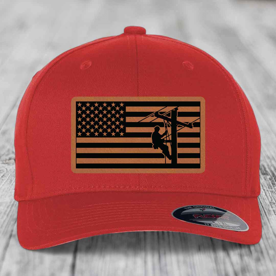 American Flag Lineman - Leather Patch Hat - Rawhide to Black Patch - Flexfit 6277 Fitted Hat